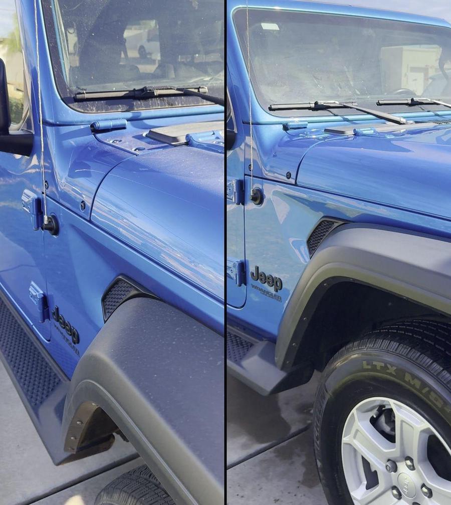 Jeep Wrangler fender caked in trail dust on the left, spotless after mobile detailing in a Phoenix driveway on the right