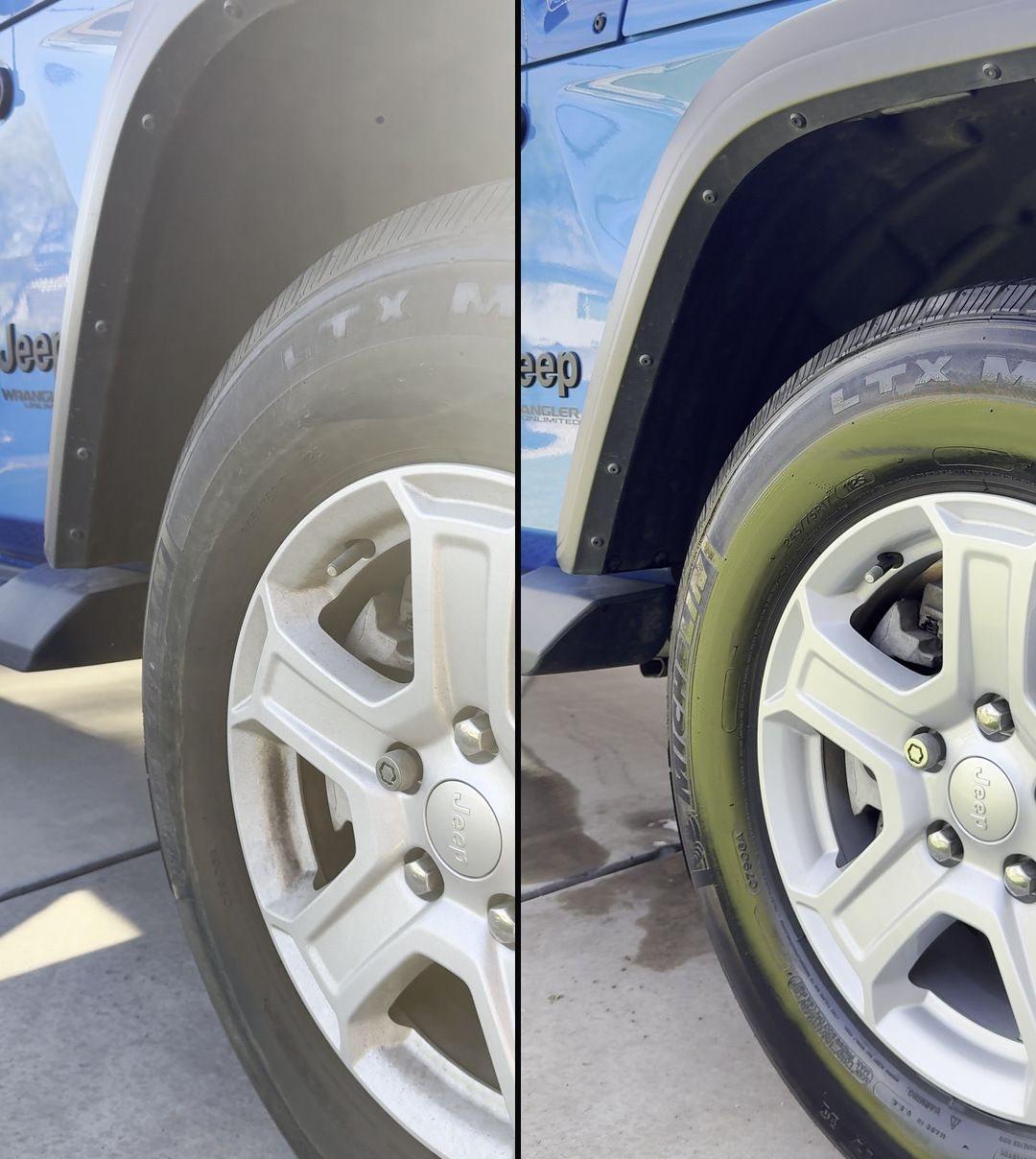 Wheel and tire, brake dust before and deep-cleaned after